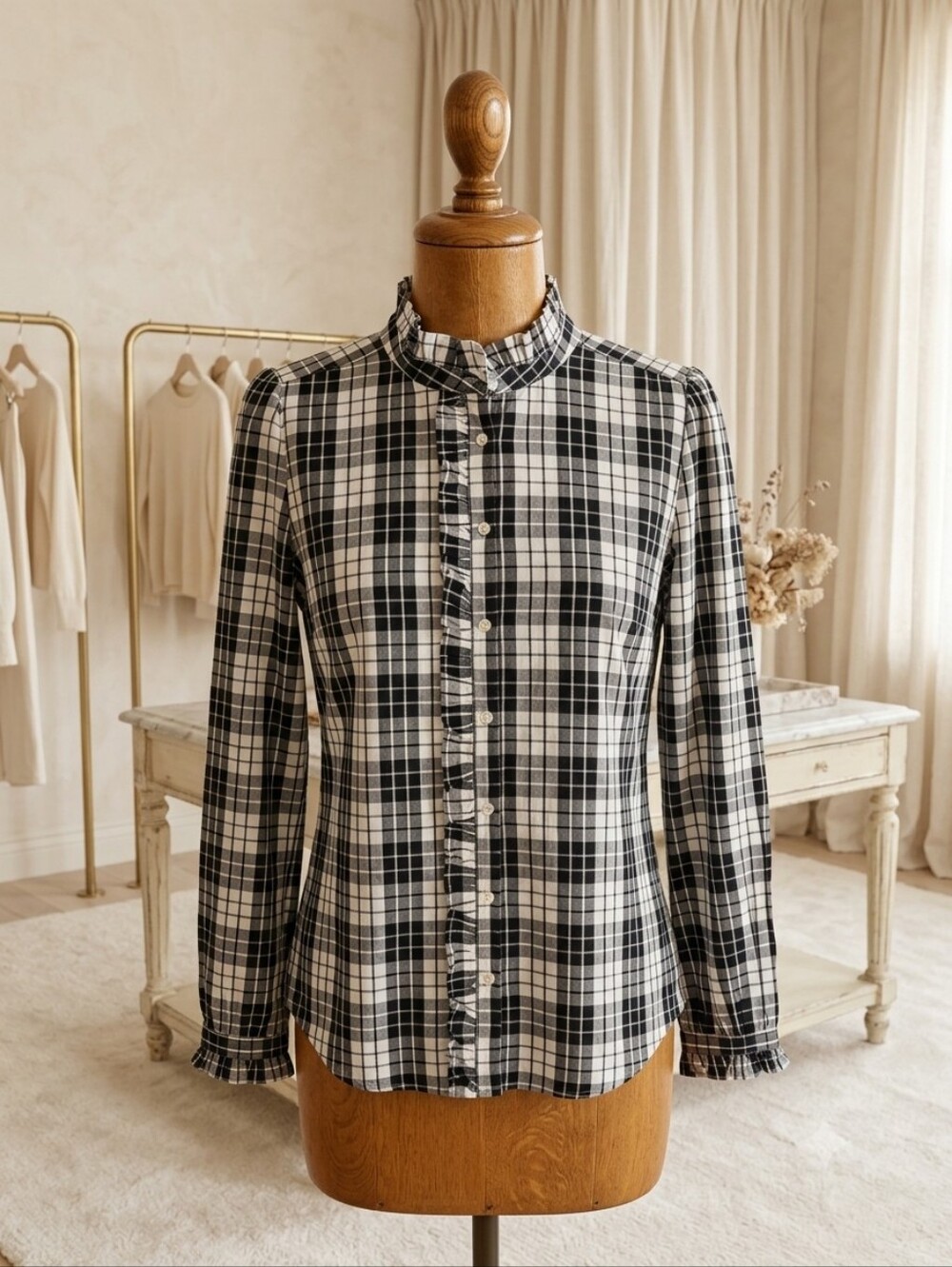 Loft Medium Black & White Plaid Ruffle Front Button-Up Shirt